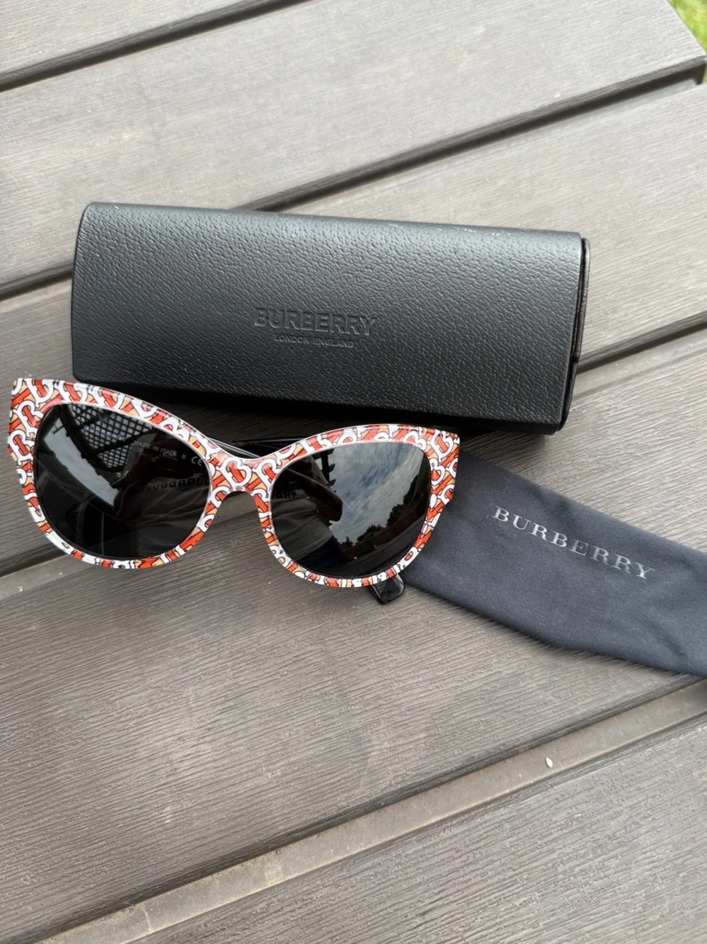 Burberry Red & White Pattern Cat Eye Sunglasses with Dark Lenses